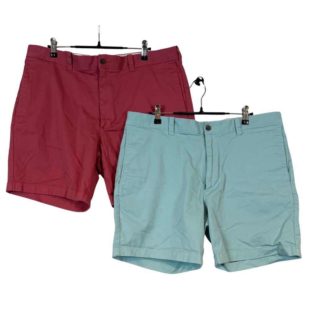 Lot of 2 J.Crew Mercantile Flex Chino Shorts Mens •36• Salmon & Aqua Blue Preppy